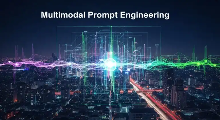 Multimodal prompt engineering data visualization of city with digital network overlay.